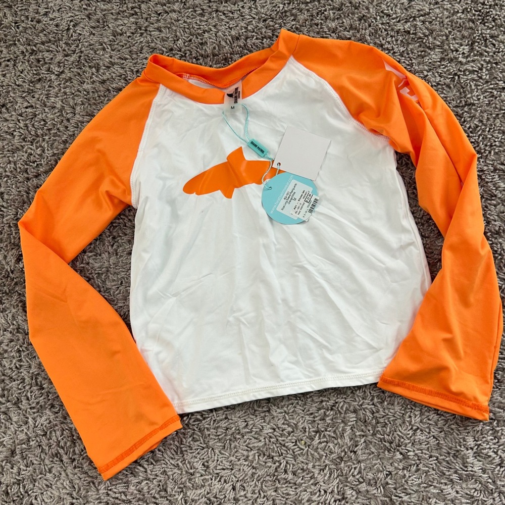 Shark Patrol Swimwear Kids Long Sleeve Orange White Shark Graphic Size‎ M